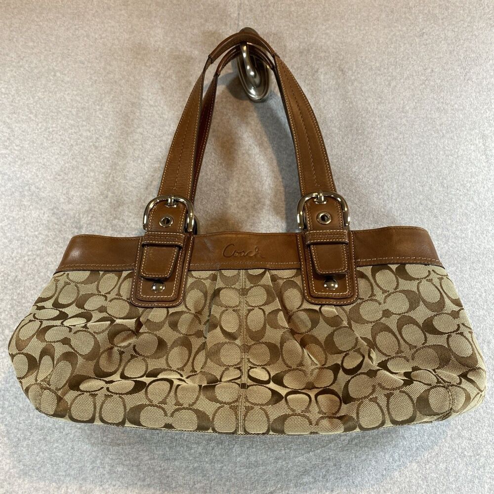 Coach F13742 Signature Jacquard Pleated Satchel Brown Leather Shoulder Bag Y2K